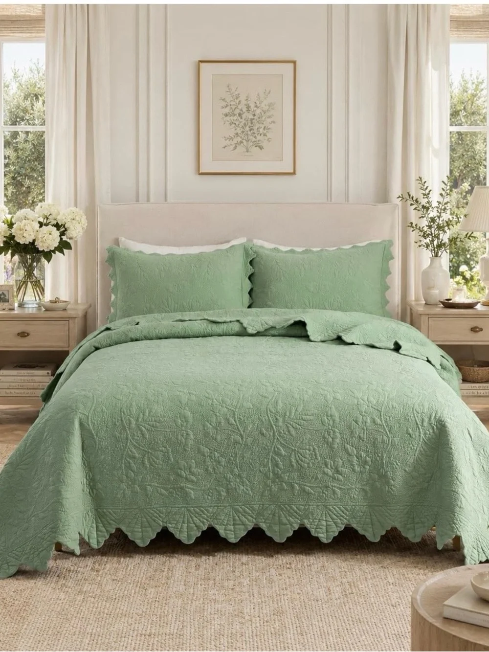 Sage Green king 3 piece Quilted Bedspread Set - Elegant Scalloped Edge